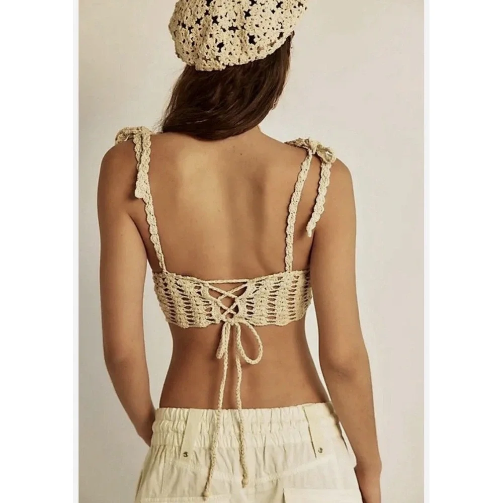 Free People Intimately Sweet On You Crochet Bra Top Ivory Yellow Lace Up S NWT